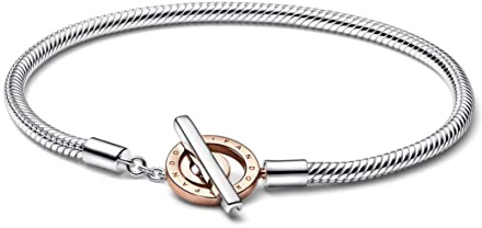 PANDORA Signature Schlangenketten-Knebelarmband Logo, zweifarbig, mit T-Stab, Sterlingsilber und 14-karätig Roségold-vergoldet, 16