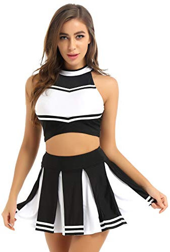 Hedmy Damen Cheerleading Cosplay Uniform Ärmellos Bauchfrei Oberteil mit Mini Faltenrock Halloween Fasching Karneval Verkleidung Schwarz XXL