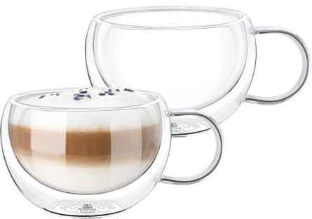 Wilmax - Verres thermiques avec anse - Lot de 2-300 ml - Verres à café à double paroi - Lot de verres à latte macchiato - Verres à cappuccino avec anse - Verres à thé - Verres à boire