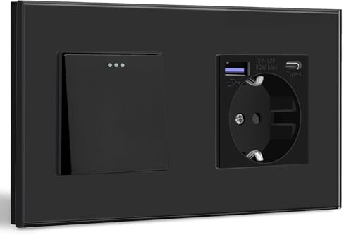 BSEED Lichtschalter mit Steckdose Schuko Unterputz Steckdose mit USB C 20W Schnellladegerät USB Type C 1 Fach 1 Weg Taste Schalter mit Glas Rahmen Wandsteckdose Geeignet für Phone, Pad-Schwarz