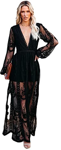 ERFMFKL Robe longue pour femme à col en V et manches longues avec volants - Robe bohème en dentelle avec découpes - Pour dames, Noir , L
