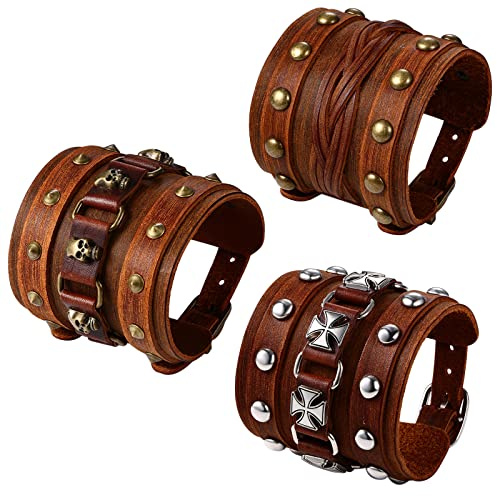 Flongo Herrenarmband Männer Armband Lederarmband groß breit Leder Armreif mit Totenkopf Schädel Nieten Geflochten Ketten Schwarz männer Accessoires punk Biker Größen verstellbar