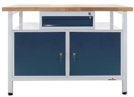 Steinbock Werkbank 1 Schublade + 2 Türen + Boden | 120x84x60 cm | 300 kg | Grau | 300 kg Tragkraft | 4 cm geölte Massivholz-Arbeitsplatte aus Buche | stabiles Stahlgestell | Werktisch | Made in EU