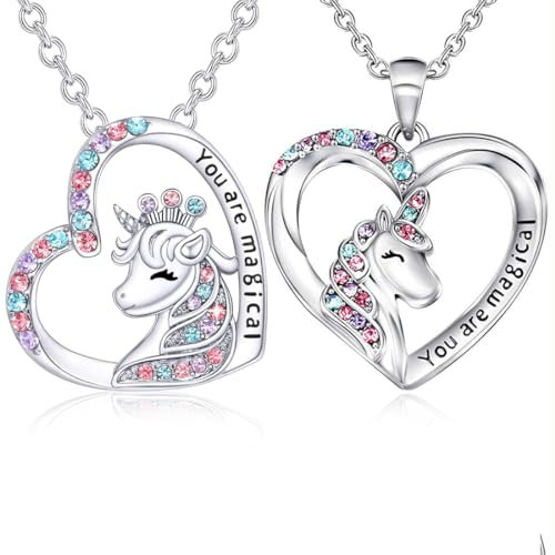 MenYiYDS 2 Pcs Einhorn-Halskette aus Sterlingsilber,Einhorn-Geschenk für Mädchen und Frauen,gravierter Einhorn-Anhänger,Geburtstagsgeschenk für Ehefrau,Schwestern – Einhorn-Schmuck Halskette