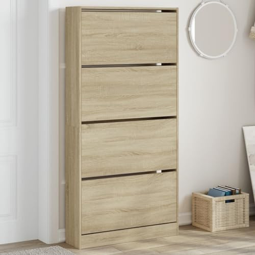 ZEYUAN Schuhschrank mit 4 Klappen Sonoma-Eiche 80x21x163,5 cm, Schuhorganizer, Flurgarderobe, Shoe Cabinet, Schuh Schrank, Flurschrank, Schuhkipper, Schuhaufbewahrung - 3214366
