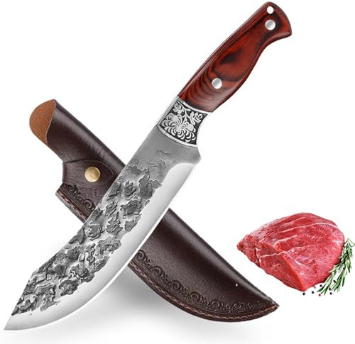 Fubinaty chef de cuisine couteau japonais main forgé couteau à désosser acier à haute teneur en carbone en plein air couteau de cuisine Full Tang chopping avec étui en cuir pour le camping BBQ