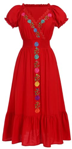 ABEHIK Mexican Dress for Women Traditional Embroidered V-Neck Casual Long Maxi Dress Summer Floral Cinco de Mayo Fiesta Dresses Beach Vacation Wedding Party Dress Red M