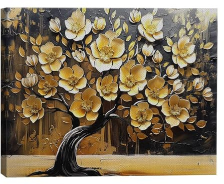 ParagonDecor Quince Tree In Bloom Golden Art Design 1 Canvas Wall Art Picture Prints Artwork Framed For Living Room Wall Home Decor Gifts For Family Art Easy Hanging