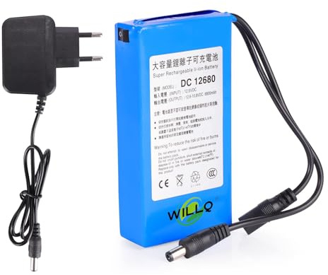 WILLQ Batterie Lithium-ION Rechargeable Haute capacité 6 800 mAh DC 12 V pour vidéosurveillance/Audio, Batterie de Rechange avec Adaptateur