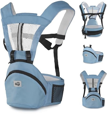 MiniHugs Marsupio Neonato Ergonomico - Marsupio Bambino Traspirante con Spalline Imbottite - Struttura Rinforzata e Tasca Porta Biberon (Azzurro)