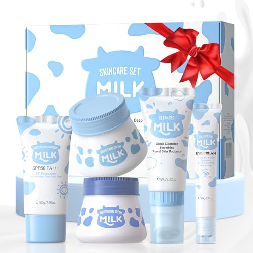 BeauBase Milk Skincare Kit, Set de Cuidado Facial Mujer, 5 unidades Kit de Skincare para Adolescentes, para Hidratante Nutritivo Suavizante y SPF50 Protección UV