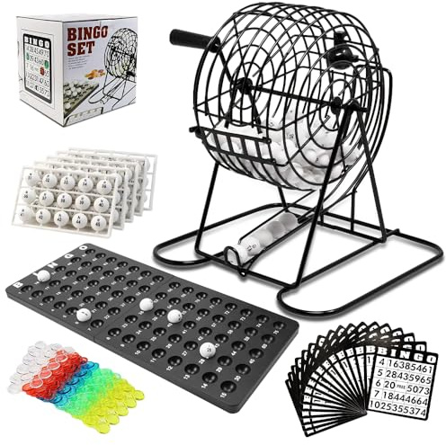 SGZIOO Bingo Spiel Set, Bingo Trommel mit 18 Tckets 75 Kugeln 150 Chips, Manuelles Lotteriemaschine für Erwachsene, Partys, Feiertage & Veranstal, After Dinner, Weihnachten, Geschenk Schwarz