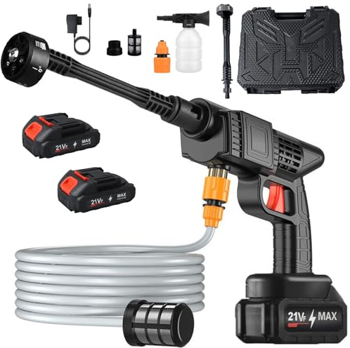 JIMACRO 21V Hidrolimpiadora Sin Cable, Limpiadora a Presión Portatil con Manguera de 5M Limpiador a Presión Bateria para Lavar y Regar