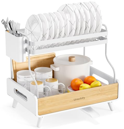 Urackify 2-Tier Dish Drainer Rack – Large Capacity Dish Rack with Stainless Steel and Bamboo, Dish Drainers for Kitchen Counter, Drying Rack Kitchen with Utensil Holder and Drainboard, White