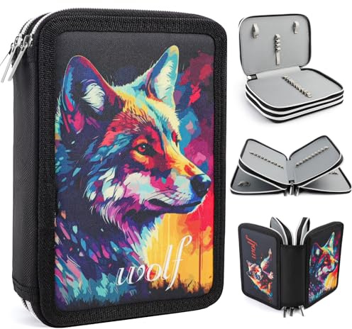 ROTKUSZ Federmäppchen 3-Fach, 57 Slots Große Kapazität Mäppchen, Schulsachen Federtasche mit Wolfsmotiv, Fall Farbige Bleistifte Halter, für Schule, Teenager, Kinder, Junge, Mädchen und Schule