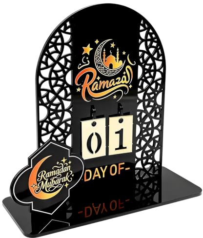 Ramadan Kalender Acryl, 20x20cm Lochdesign Ramadan Deko, Eid Mubarak Countdown Kalender Kinder, Perfekte Ramadan Geschenke für Kinder & Familien, Wohnzimmer Tisch Dekoration(Schwarz)