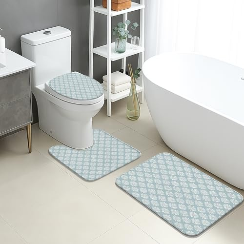 Juego de tapetes de baño florales de 3 piezas, patrón de crisantemo azul claro, absorbentes, antideslizantes, en forma de U, lavables, de franela de secado rápido