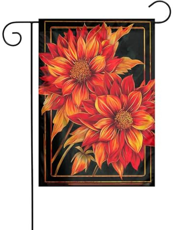 Drapeau de jardin avec fleurs de dahlias rouges et dorées - 30 x 45 cm - Double face - Décoration extérieure - Drapeau de cour