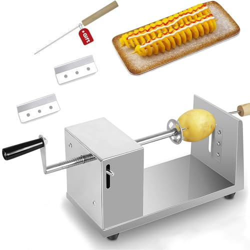 JUXINE Spiralschneider für Gemüse & Obst – Edelstahl-Gemüseschneider mit 3 Klingen für Tornado-Chips, Kartoffelspiralen, Gurken und Karotten, inkl. Halterung & rutschfester Füße.