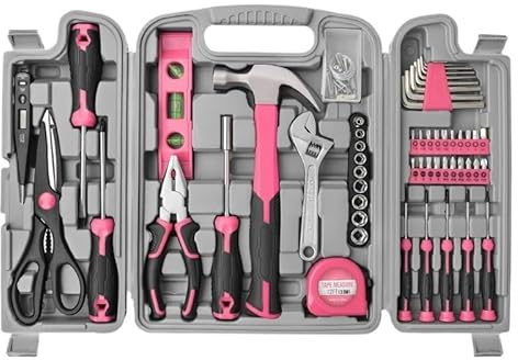 Juego de 54 herramientas manuales rosadas para reparación del hogar, destornilladores, tijeras, martillo de garra para uso