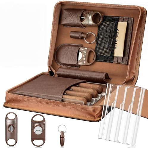 Racocou Lädercigarreseset med humidor, inkl. 2 giljotinskärare, stans, fuktighetsförpackningar, akrylbricka och multifunktionellt fodral – Perfekt present till män,Brown