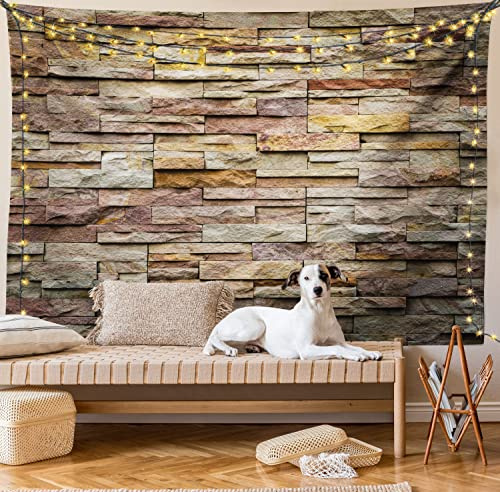 Ambesonne Marble Print Tapestry King Size, Urban Brick Slate Stone Wall Rocks Featured Facade Architecture Town Picture, Bedspread Bed Cover Wall Decor, Light Brown