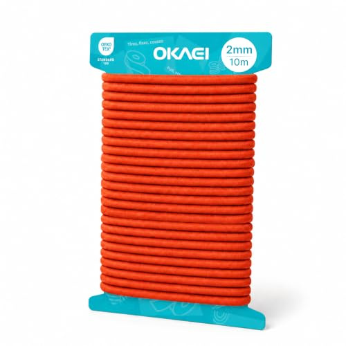 OKAEI Gummikordel 2mm x 10m - Hochwertiges Gummiseil in Orange, Flexibles Gummiband/Hutgummi/Rundgummi - Ideal für DIY Projekte und Handwerk