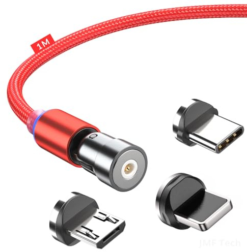 Magnetic Charging Cable 3 in 1 Magnet USB Cable 360 ° + 180 ° Rotating Charging Cable 2.4A 1M/2M Nylon Braided Magnetic Cable Compatible with Micro USB,Type C/USB C,I-Phone,phones,Tablets (1M-3ft-Red)