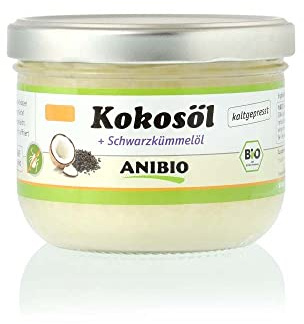 Anibio Bio Kokosöl Kaltgepresst 400ml | mit 5% Bio-Schwarzkümmelöl | Naturprodukt | Zur inneren und äußeren Anwendung bei Hunden | Reich an Laurinsäure | ideal zum Barfen | Nicht raffiniert
