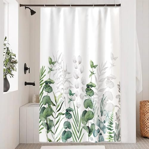 Uiiooazy Duschvorhang 120x200cm Anti Schimmel Eukalyptus Grüne Blätter | Duschvorhang Grau Pflanzen Motivo Wasserdicht Waschbar Stoff Polyester Bad Vorhang mit 8 Haken für Badezimmer Badewanne