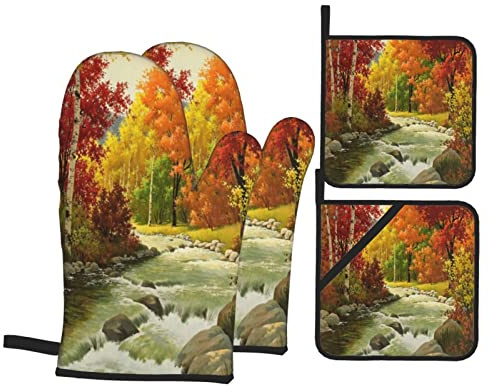 Oven Mitts and Potholders BBQ Glove Fall Stream Water Pattern Oven Mitts and Pot Holders for Kitchen (4 Piece Set)