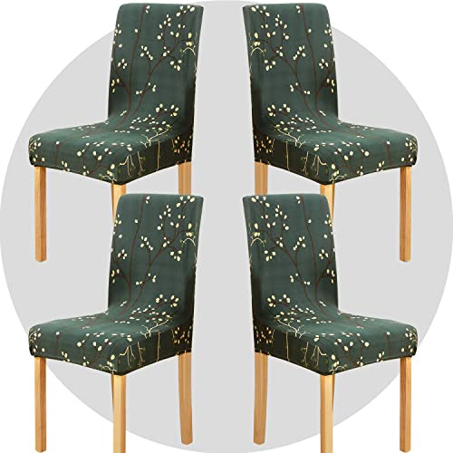 ZHILING Stuhlhussen Bezüge Set von 4 Super Fit Stretch abnehmbare waschbare Esszimmerstuhl Protector Cover Sitzbezug für Hotel, Esszimmer, Zeremonie, Bankett Hochzeitsfeier(Dunkelgrüne Triebe)