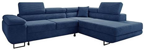MODERNO Ecksofa mit Schlaffunktion aus Cord - Big Sofa ASTORP - Couch L Form - Schlafsofa mit Bettkasten und Kopfstützen - 277x203x100 cm - Rechts - Blau - Poso 05