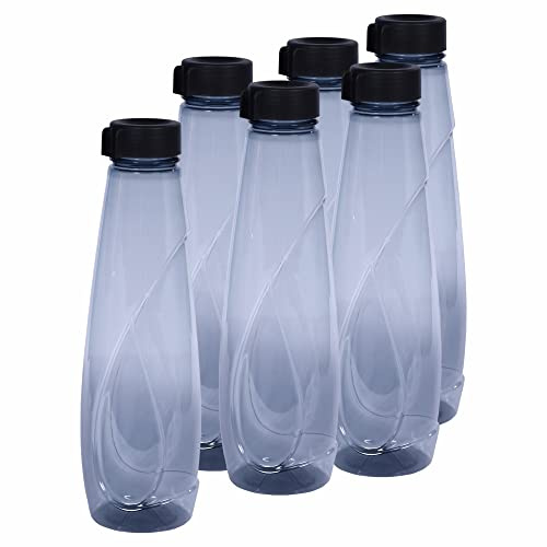 JMS we create smile 6 PCS x 950ML Plastic Coloured Transparent Water Bottles - Juice Bottles BPA Free & Leakproof - Reusable With Screw Cap Lid For Sports School Home (Oasis Smoke Grey)