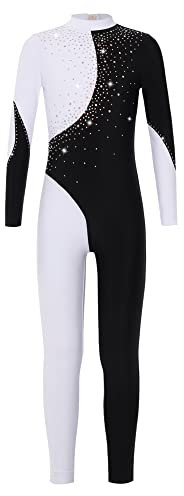 iEFiEL Mädchen Langarm Turnanzug Zweifarbig Ganzkörperanzug Sportlich Body Kinder Glitzer Gymnastikanzug Tanzkostüm Tanzanzug Wa Schwarz Weiss 146-152