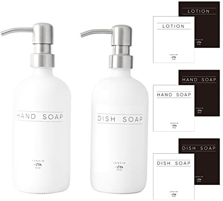 Janxin Seifenspender aus Glas, 2 Stück, Seifenspender für Küchenspüle mit Pumpe, Geschirrseife, Lotion (Weiße Flaschen+Silberne Pumpen)
