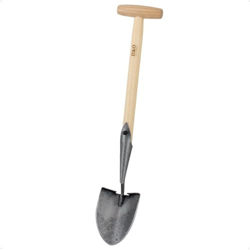 D&O Amerikanische Handschaufel (geschmiedeter Borstahl) mit angeschliffener Schneide und T-Stiel aus Eschenholz, Gesamtlänge: 60 cm, Arbeitsbreite: 11 cm