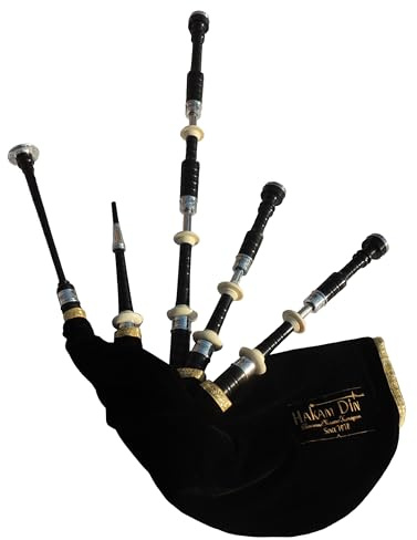 Great Highland Dudelsack mit gravierten Nickelhülsen, Rutschen und elfenbeinfarbenen Reittieren, schottischer Dudelsack für Studenten, komplettes Starter-Set inkl. Anfängeranleitung (schwarzer Samt)