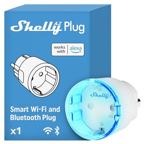 Shelly AZ Plug Blanco- Еnchufe Inteligente, Wi-Fi Y Bluetooth, Medición De Corriente, 12A, Configuración Sin Frustraciones, Compatible Con Alexa, No Hub, Monitorización De Dispositivos, Control Remoto