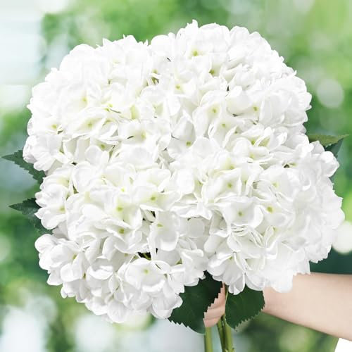 BLEUM CADE Lot de 8 fleurs d'hortensia artificielles blanches avec tiges, 45,7 cm, grandes fleurs artificielles d'hortensia pour décoration d'intérieur, printemps, mariage, centre de table