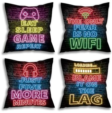 clothmile Set of 4 Neon Gaming Pillow Cover 18 x 18 Inches Teen Gaming Pillows Decorative Cushion Cover Game Controller Throw Pillow Covers Soft Cushion Covers for Sofa Couch Bed Home Decor