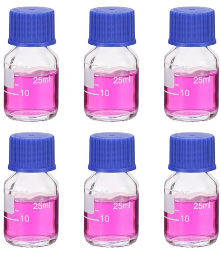 PATIKIL 6 Pack Reagent Media Storage Bottles, 25ml Borosilicate Glass Graduated Round Bottles with GL32 Blue Screw Cap for Lab Water Reagent Liquids, Clear
