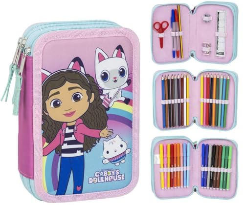 Gabby´s dockhus fodral med 3 fack - rosa färg - 12,5 x 6,5 x 19,5 cm - tillverkad av 100% polyester - dragkedja - inkluderar tillbehör - originalprodukt designad i Spanien, Rosa, Pennfodral