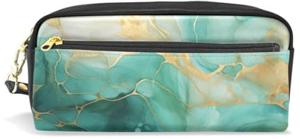 Grüne Marmorkunst Federmäppchen aus Leder,Mäppchen Schlamperbox Stifttasche,Make-up-Tasche,Organizer für Jungen Mädchen