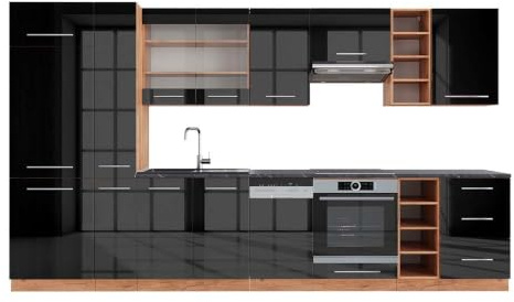 Vicco Küchenzeile Fame-Line, Anthrazit Hochglanz/Goldkraft Eiche, 355 cm | 12 Module · Höhenverstellbare Füße · AP Anthrazit inkl. · MDF-Fronten · Softclose · Metallgriffe
