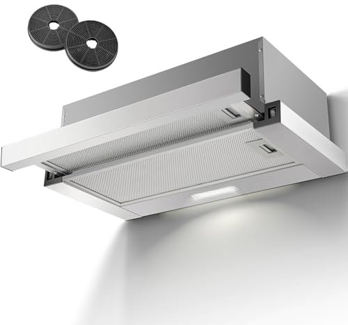 KICHPOWER Hotte Tiroir Téléscopique, Hotte Aspirante 60cm, 620 m³/h, Hotte Aspirante intégrée, Surface inox, Eclairage LED, 2 Vitesses, Interrupteur à bascule, Filtres Charbon Inclus