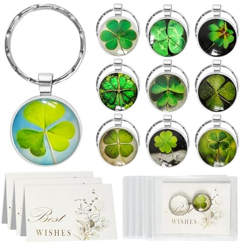 ZUYIST 10 Stück Vierblättriges Kleeblatt Schlüsselanhänger Set, Metall Klee Glücksbringer Schlüsselanhänger mit Grußkarte für Abschiedsgeschenk Schüler Grüne Geschenk zur Prüfung Einzug Neuer
