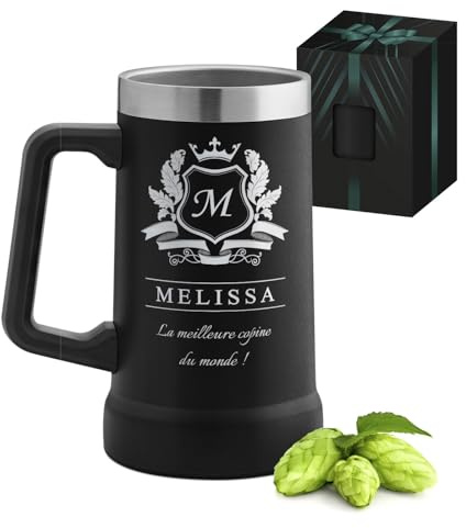 Maverton Mug Isotherme Personnalisable Noir 700 ml, Verre a Biere en Inox | Mug avec Anse, Idee Cadeau Homme, Cadeau Personnalisé pour Amateur de Bière avec prénom gravé Laurier