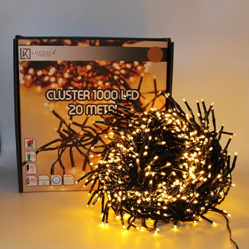Luccika, Cluster guld klusterlampor, 20 meter, 1 000 lysdioder Ø 3 mm, ljusslinga för julgransljus, 4 ljuseffekter fjärrkontroll, timer, grön kabel IP44, användning