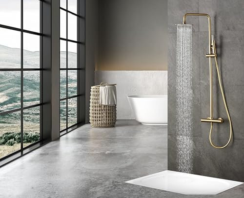Columna de ducha termostática de latón, Barra de baño con grifo termostático, Serie Brezzo de Mice Colection (Oro Mate)